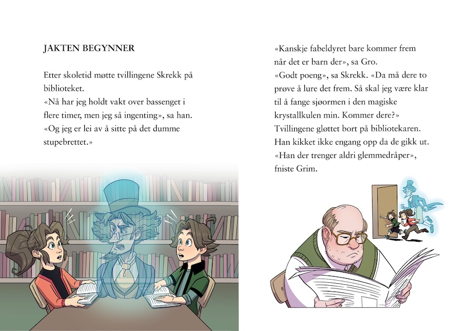 Illustrasjon av Skrekk og tvillingene på biblioteket.