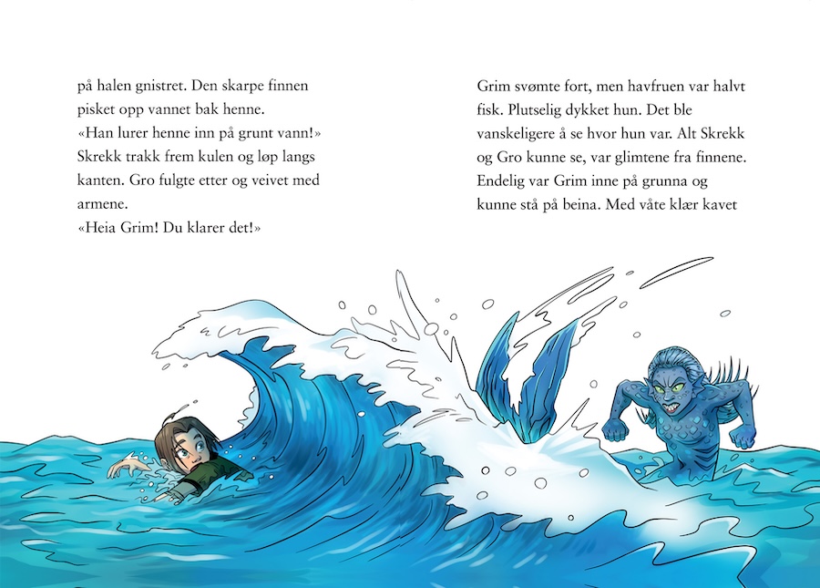 Illustrasjon av monster-havfrue som skaper bølger i sjøen.