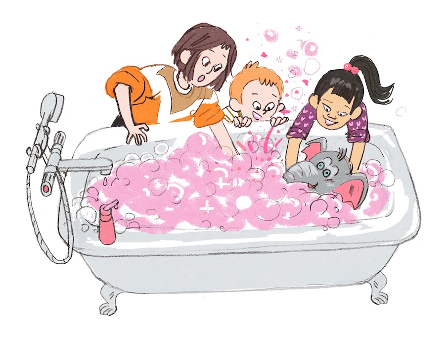 Illustrasjon av skule-elefant Boms som blir bada, under spa-opphald. 