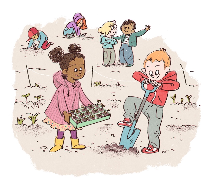 Illustrasjon av born som dyrkar ting i marka. 