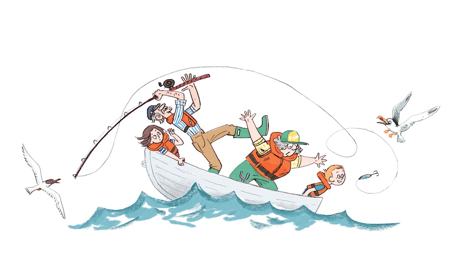 Illustrasjon av familien på fisketur i båt, eit kaos med måkar, fiskestenger og slukar. 