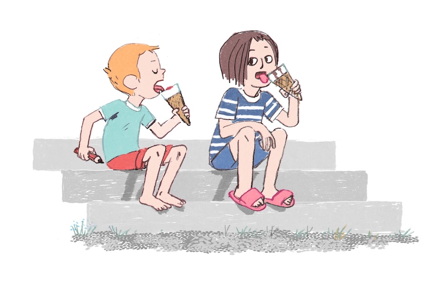 Illustrasjon av Ida og Oskar i trappa, der dei et is. 