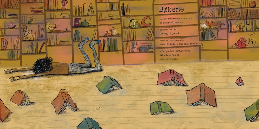 Illustrasjon av hovedperson som ligger på gulvet i et bibliotek.