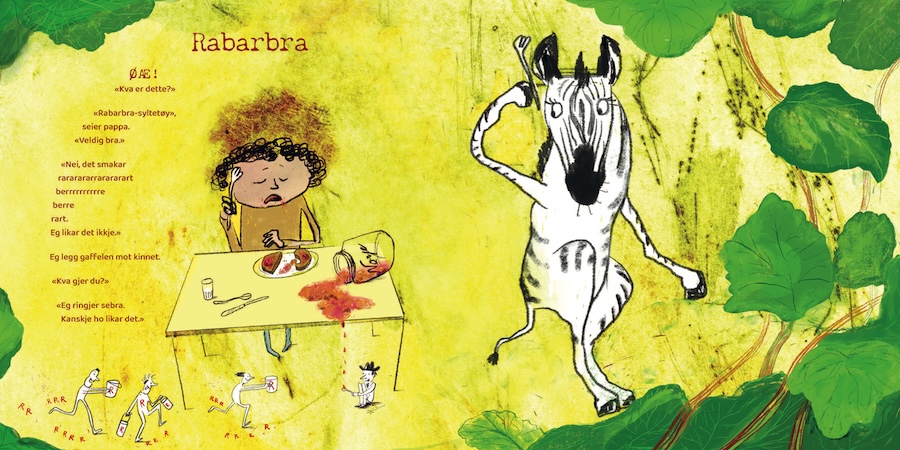 Ilustrasjon av sebra & jente som snakker om rabarbra. 