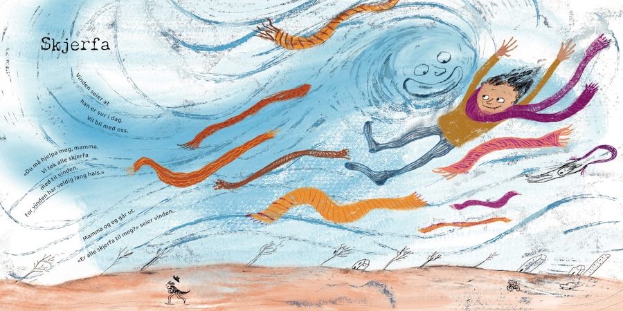 Illustrasjon av hovedperson som flyr med vinden. 