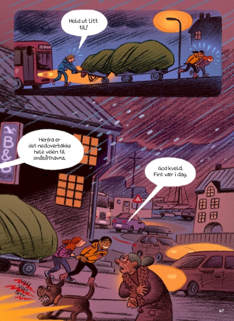 Illustrasjon av barna som frakter en skadet Boksluker gjennom byen. 