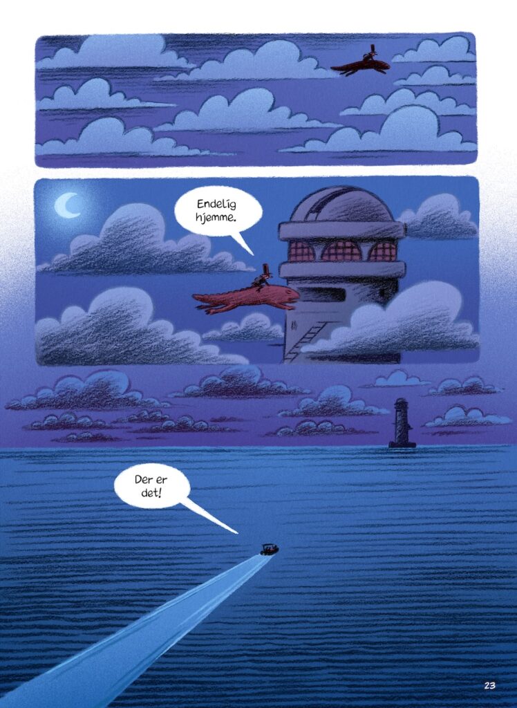 Illustrasjon av November som flyr på Bokslukeren over havet, hjem til fyret. 