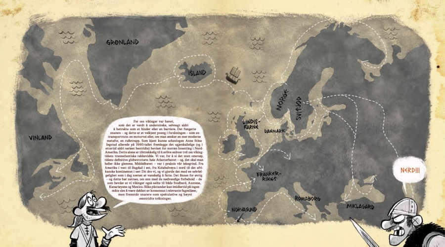 Illustrasjon av kart over vikingferdene, med oppstrekede ferdselsruter. 