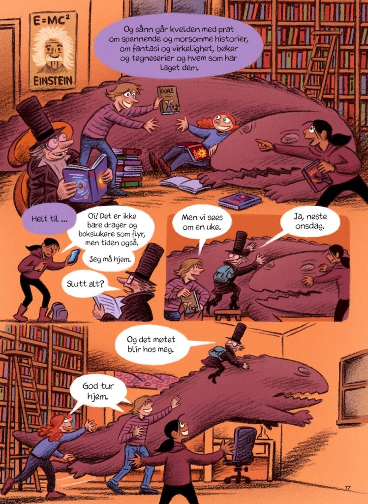 Illustrasjon av lesesirkelen, med barna, November og Bokslukeren. 