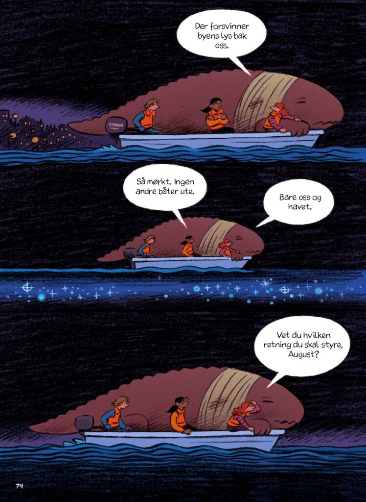 Illustrasjon av den skadede Bokslukeren og barna i båt på vei til fyret. 