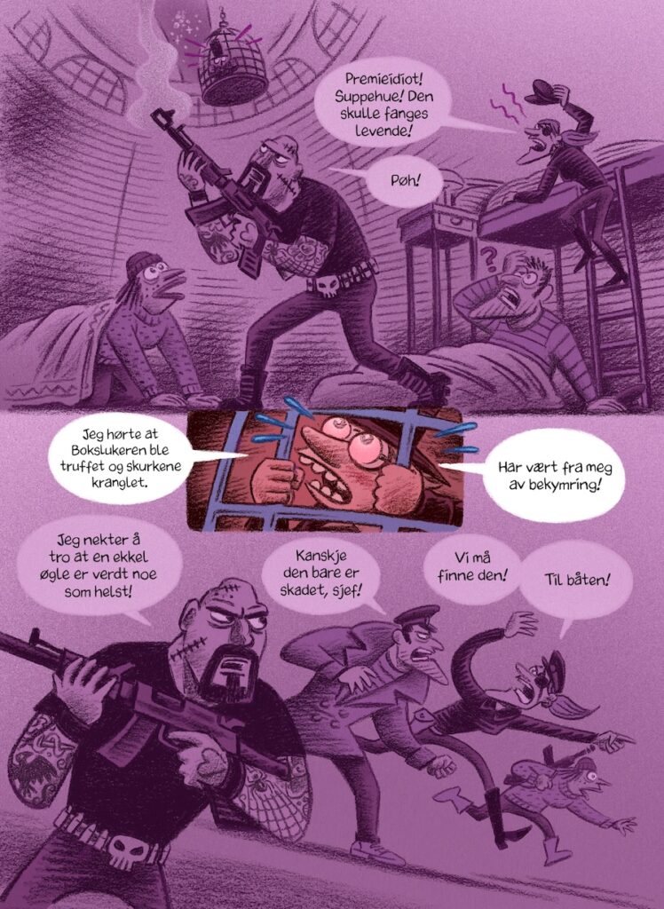 Illustrasjon av fanget November i bur, omringet av skurker med geværer. 