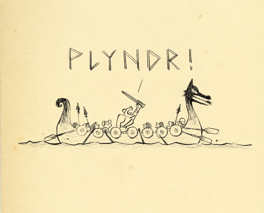 Illustrasjon av vikingskip på tokt, med bokstavene "PLYNDR!" over. 